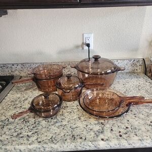 Vintage Pyrex corning visionware glass brown amber 10 piece pots and pans